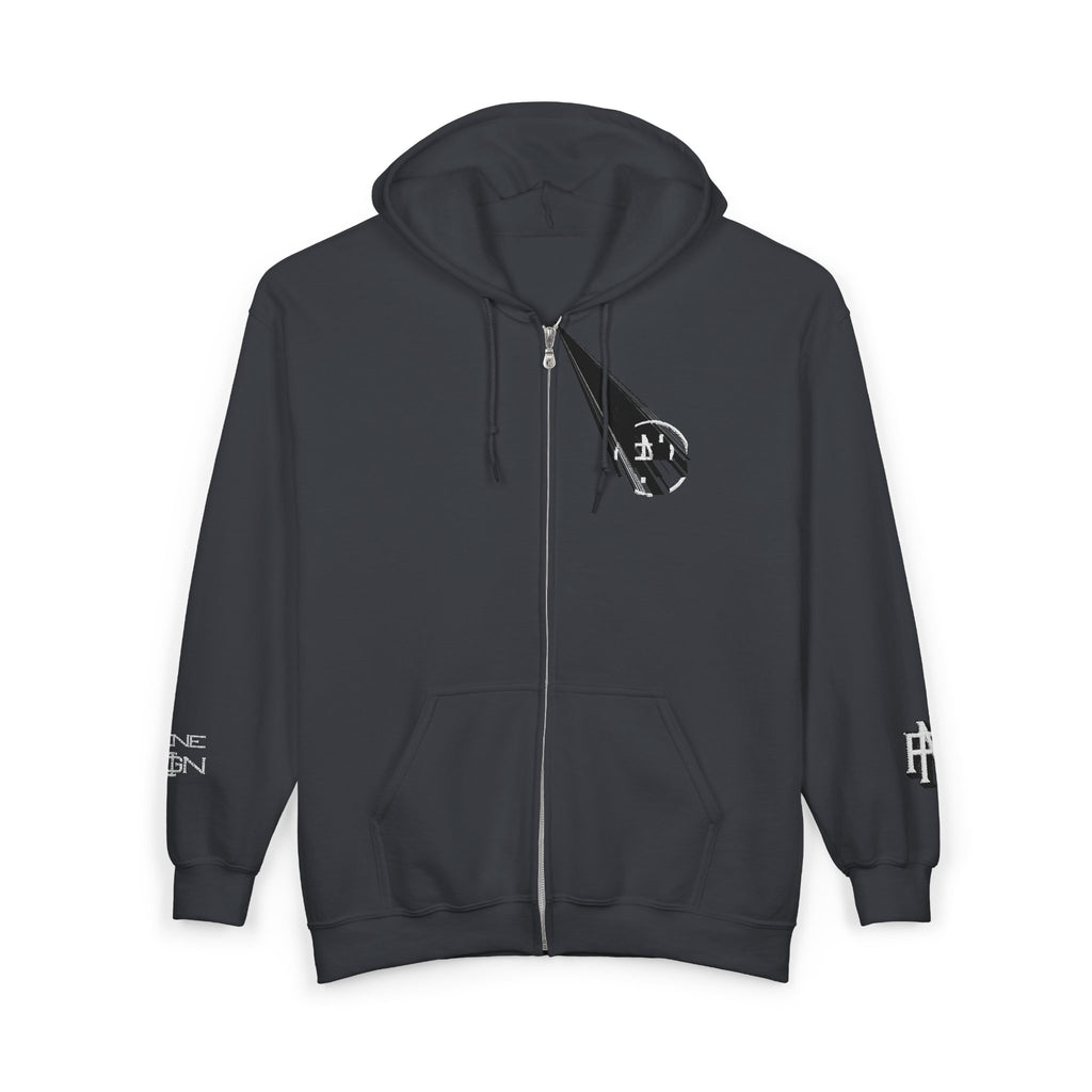Minimalist Black Zip Hoodie with Small Circular Monogram Logo