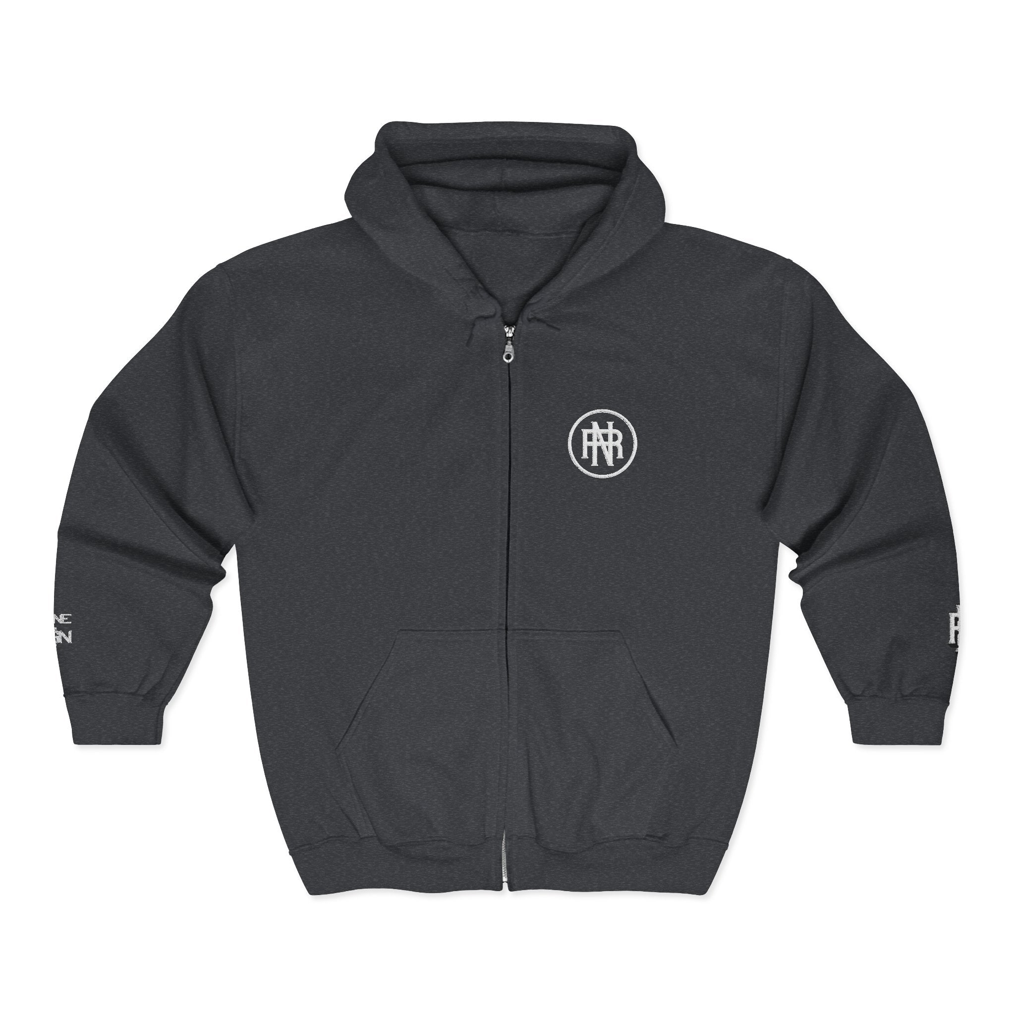 Minimalist Black Zip Hoodie with Small Circular Monogram Logo