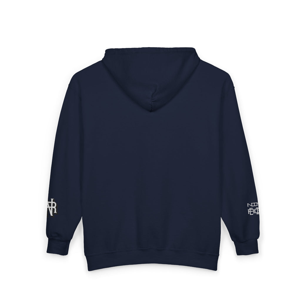 Minimalist Black Zip Hoodie with Small Circular Monogram Logo
