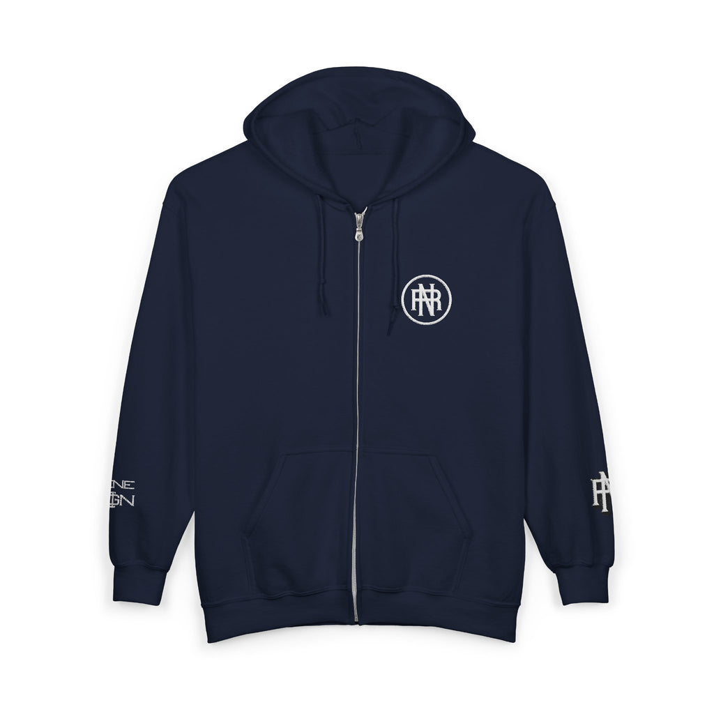 Minimalist Black Zip Hoodie with Small Circular Monogram Logo