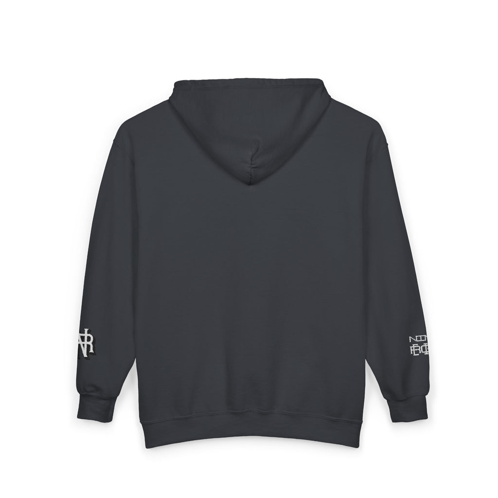 Minimalist Black Zip Hoodie with Small Circular Monogram Logo