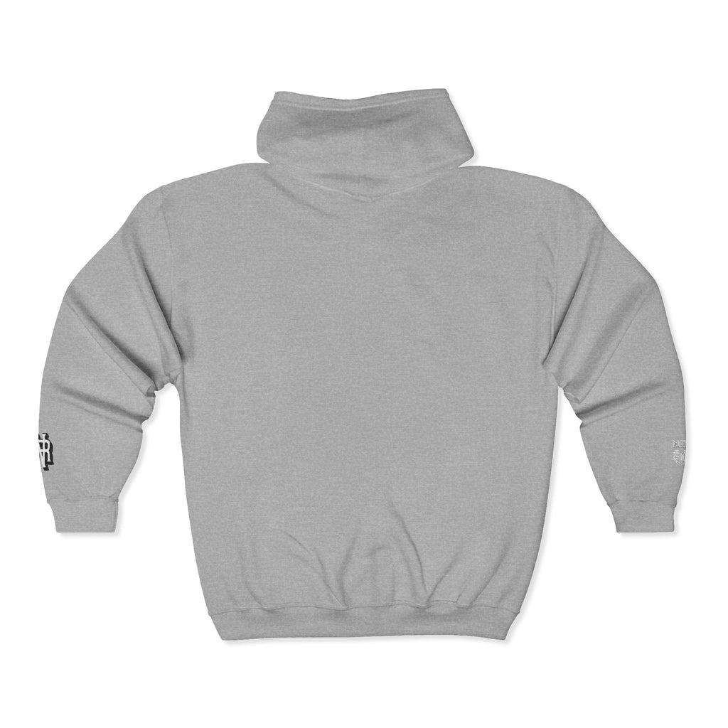 Minimalist Black Zip Hoodie with Small Circular Monogram Logo