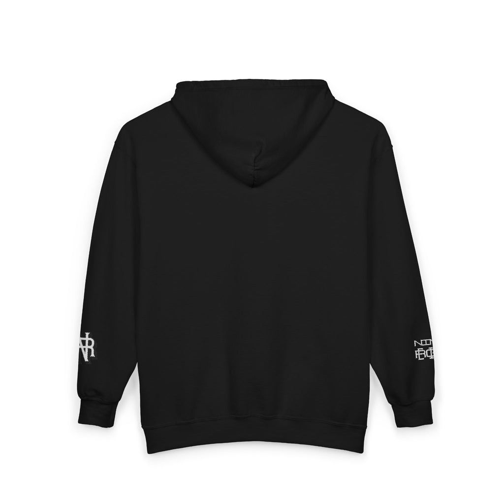 Minimalist Black Zip Hoodie with Small Circular Monogram Logo