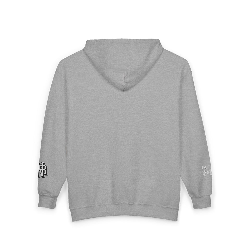 Minimalist Black Zip Hoodie with Small Circular Monogram Logo