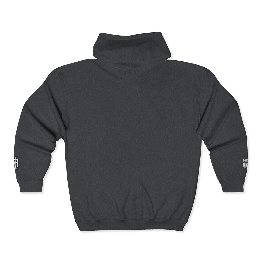 Minimalist Black Zip Hoodie with Small Circular Monogram Logo