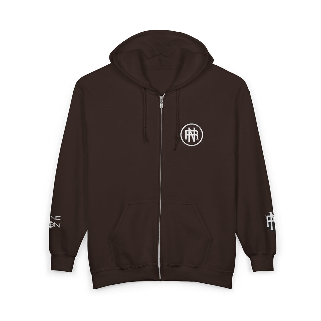 Minimalist Black Zip Hoodie with Small Circular Monogram Logo