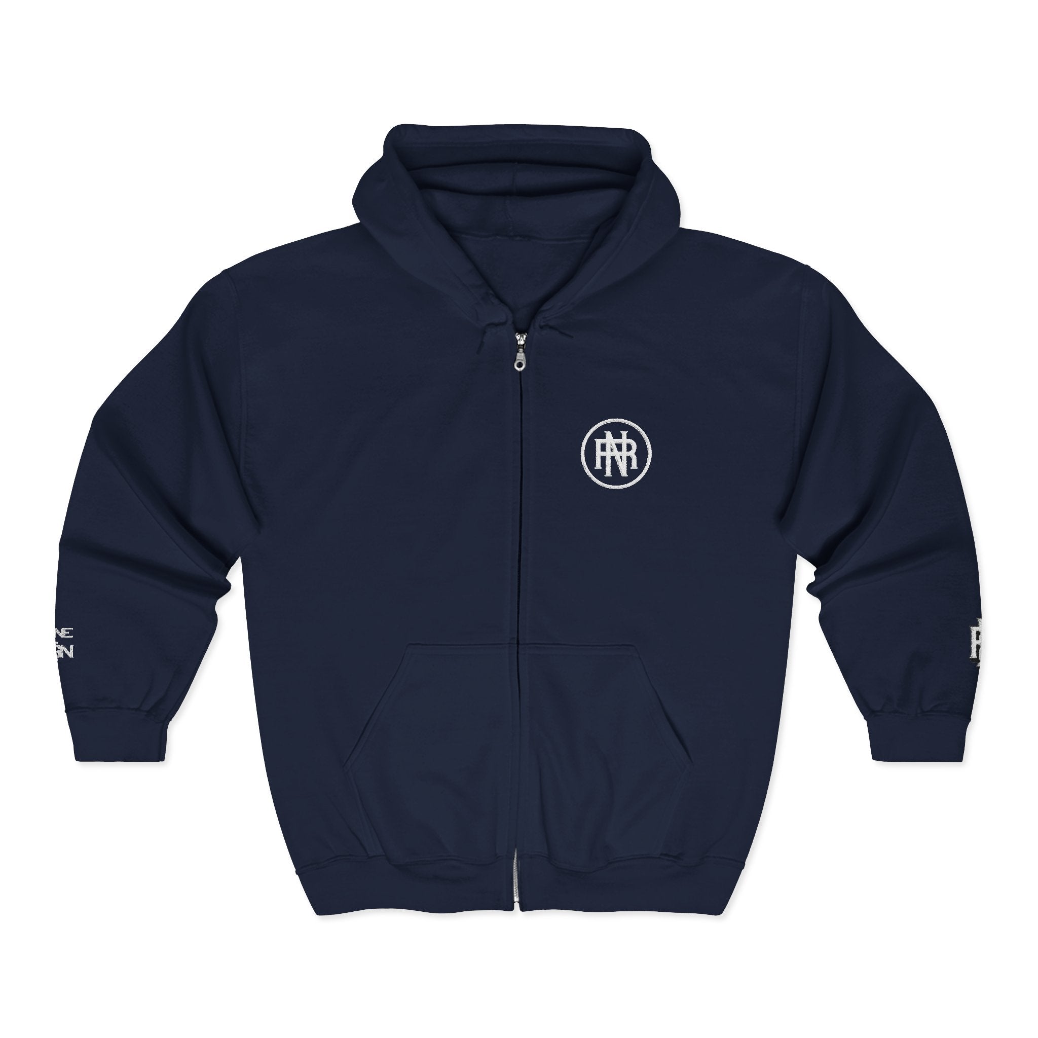Minimalist Black Zip Hoodie with Small Circular Monogram Logo