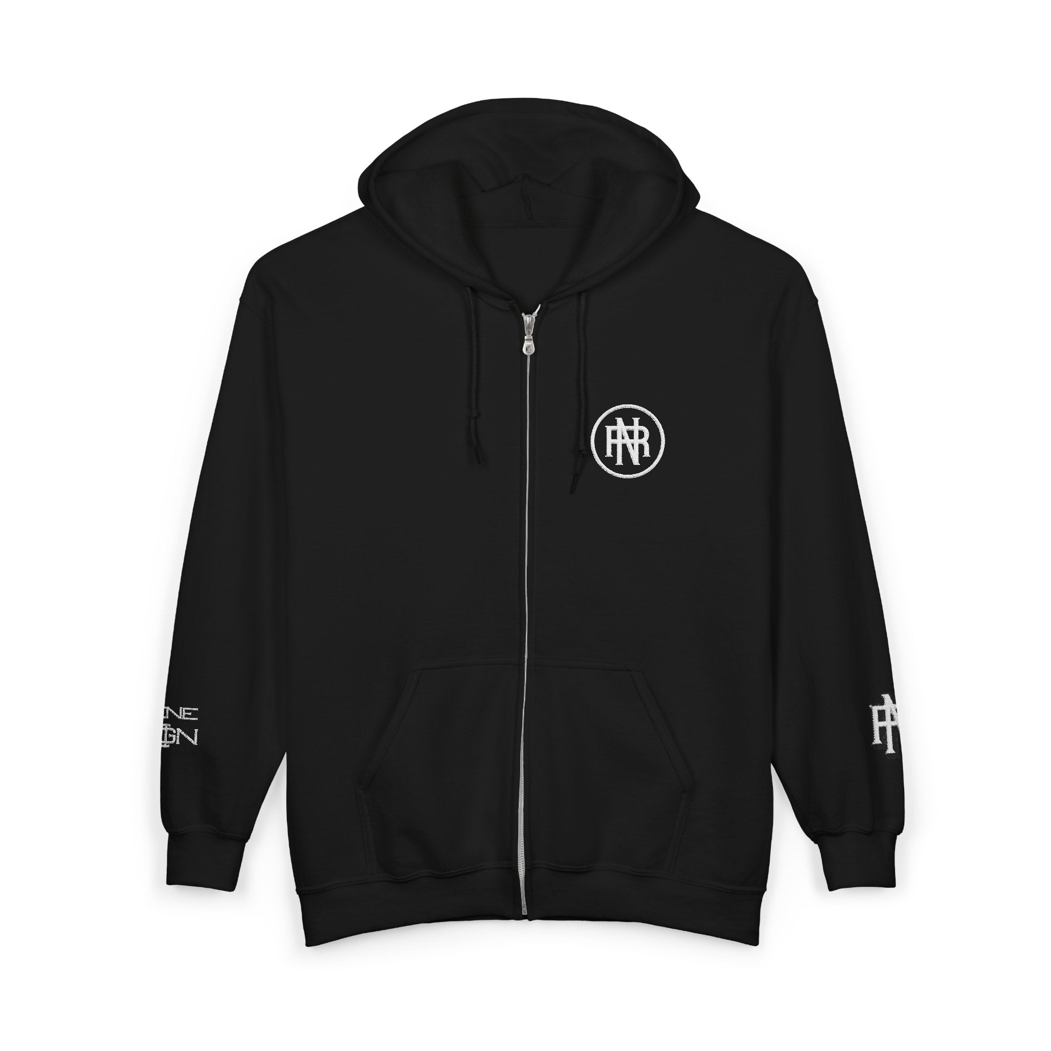 Minimalist Black Zip Hoodie with Small Circular Monogram Logo