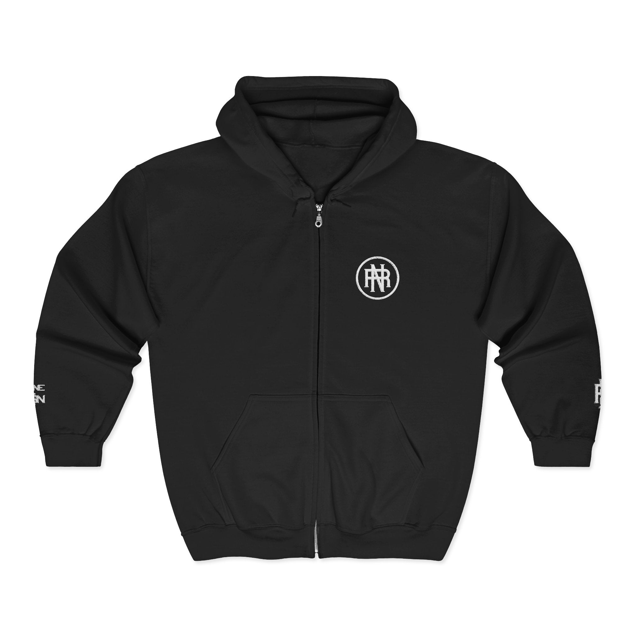 Minimalist Black Zip Hoodie with Small Circular Monogram Logo