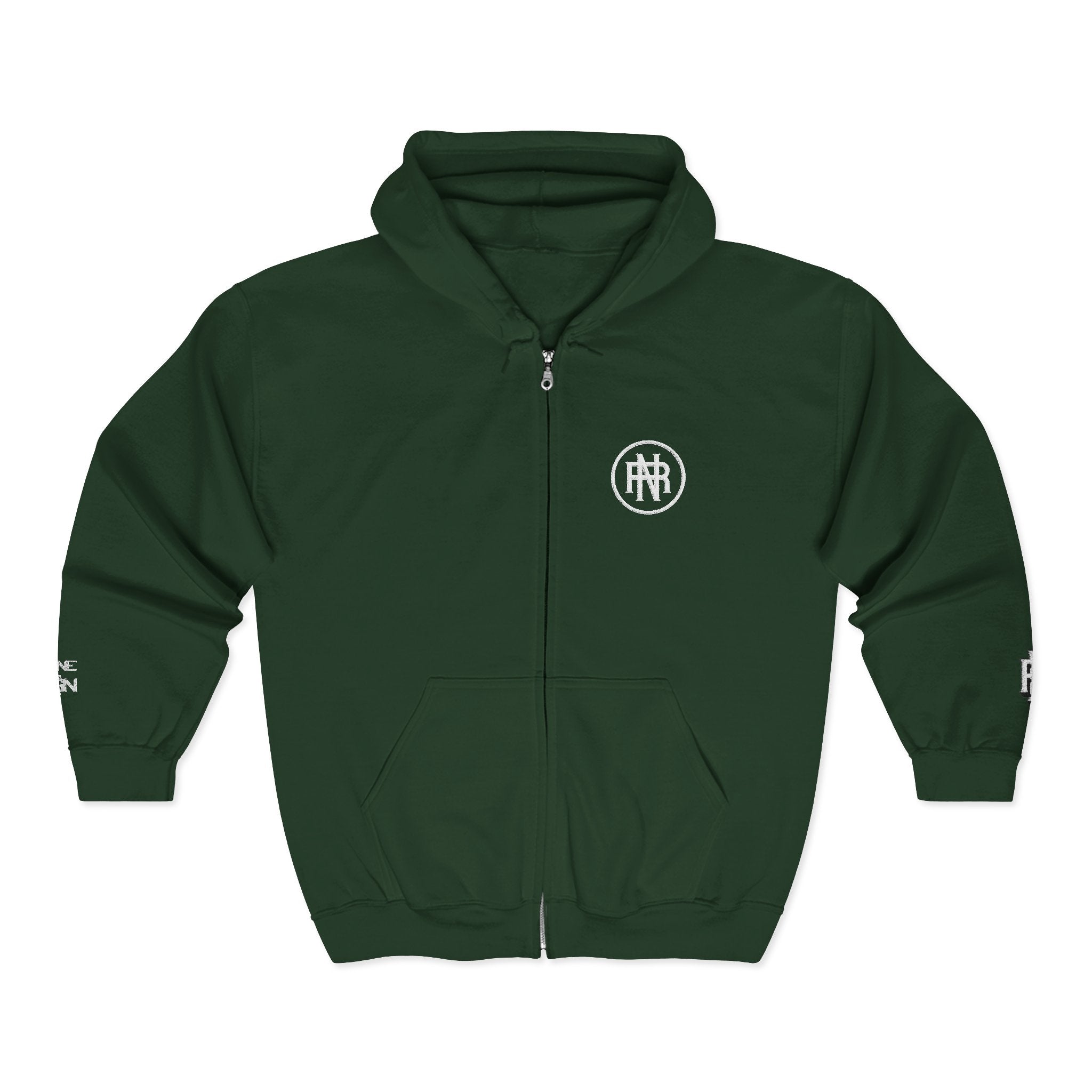 Minimalist Black Zip Hoodie with Small Circular Monogram Logo