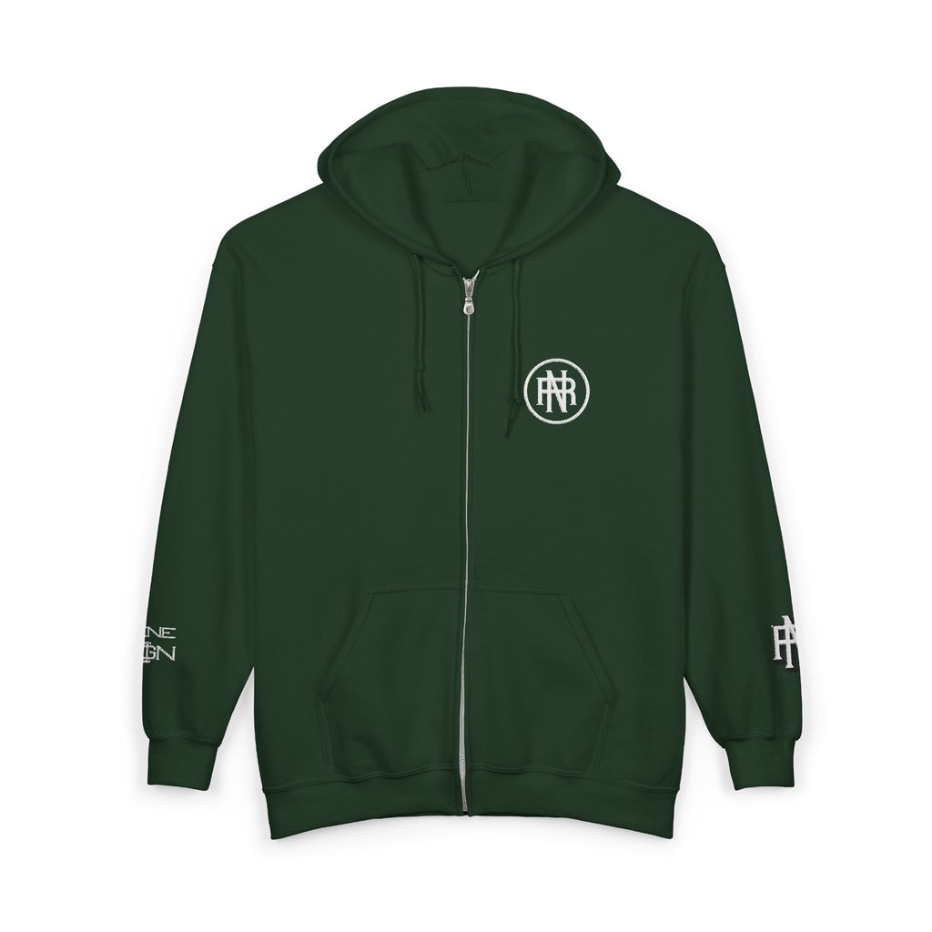 Minimalist Black Zip Hoodie with Small Circular Monogram Logo