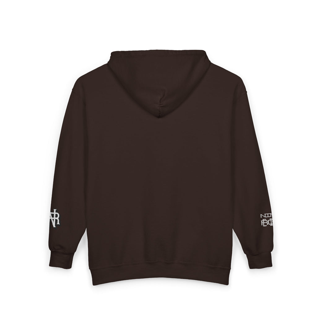 Minimalist Black Zip Hoodie with Small Circular Monogram Logo